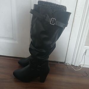 Ardene Black Knee High Faux Leather Side Zipper Boots